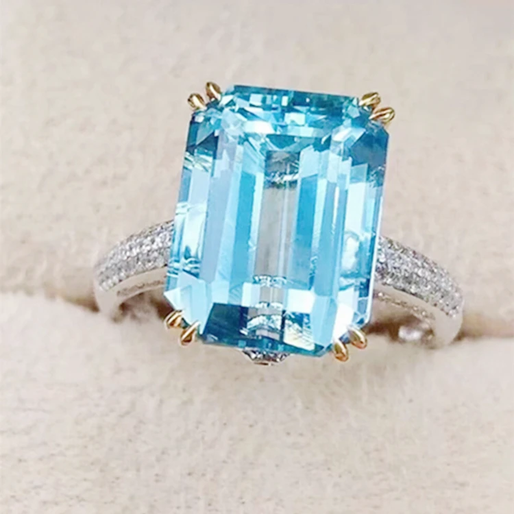 Wholesale Sgarit Natural Gemstone Ring Jewelry 18K Solid Gold Jewelry 6Ct Emerald Cut Genuine Aquamarine Rings Jewelry