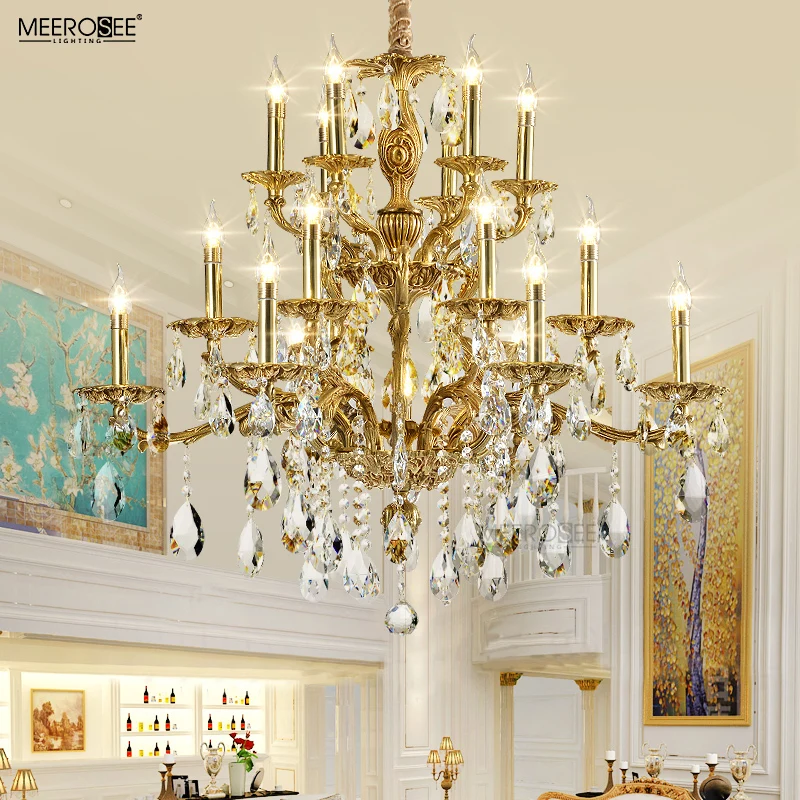 MEEROSEE Copper Gold Chandelier K9 Crystal Brass Light Luxurious Brass Chandelier for Home Hotel Villa MD83092