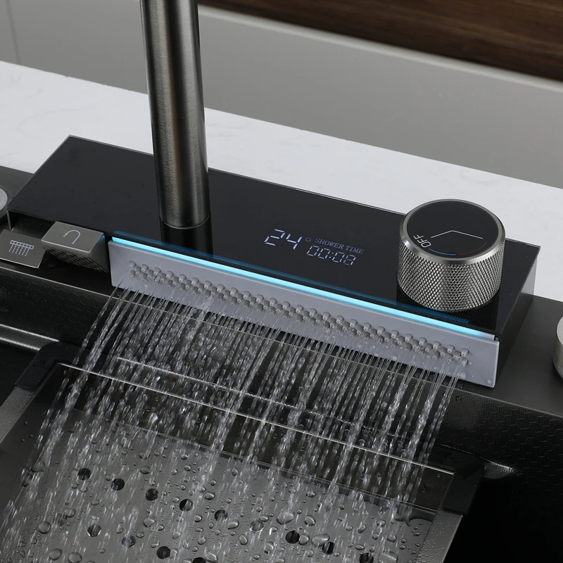 Luxury Anti-Scratch LED Digital Display Stainless Steel Kitchen Sink Faucet Multifunctional Basket Drainage Cover Chopping Board