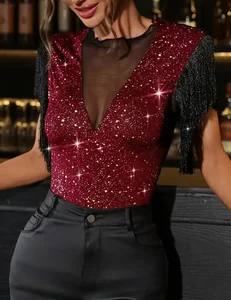 Women's Casual Fashion V-Neck Top Tassel Sleeve Sequin for Club Summer Breathable Formal or Casual ODM