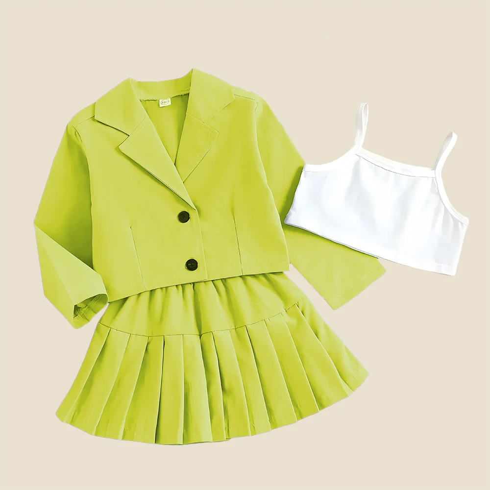 Ruidian RTS Spring Summer and Autumn Infant Toddler Girl Blue Long Sleeve  Blazer +Crop Shirt +Pleated Skirt 3pcs Clothing Set