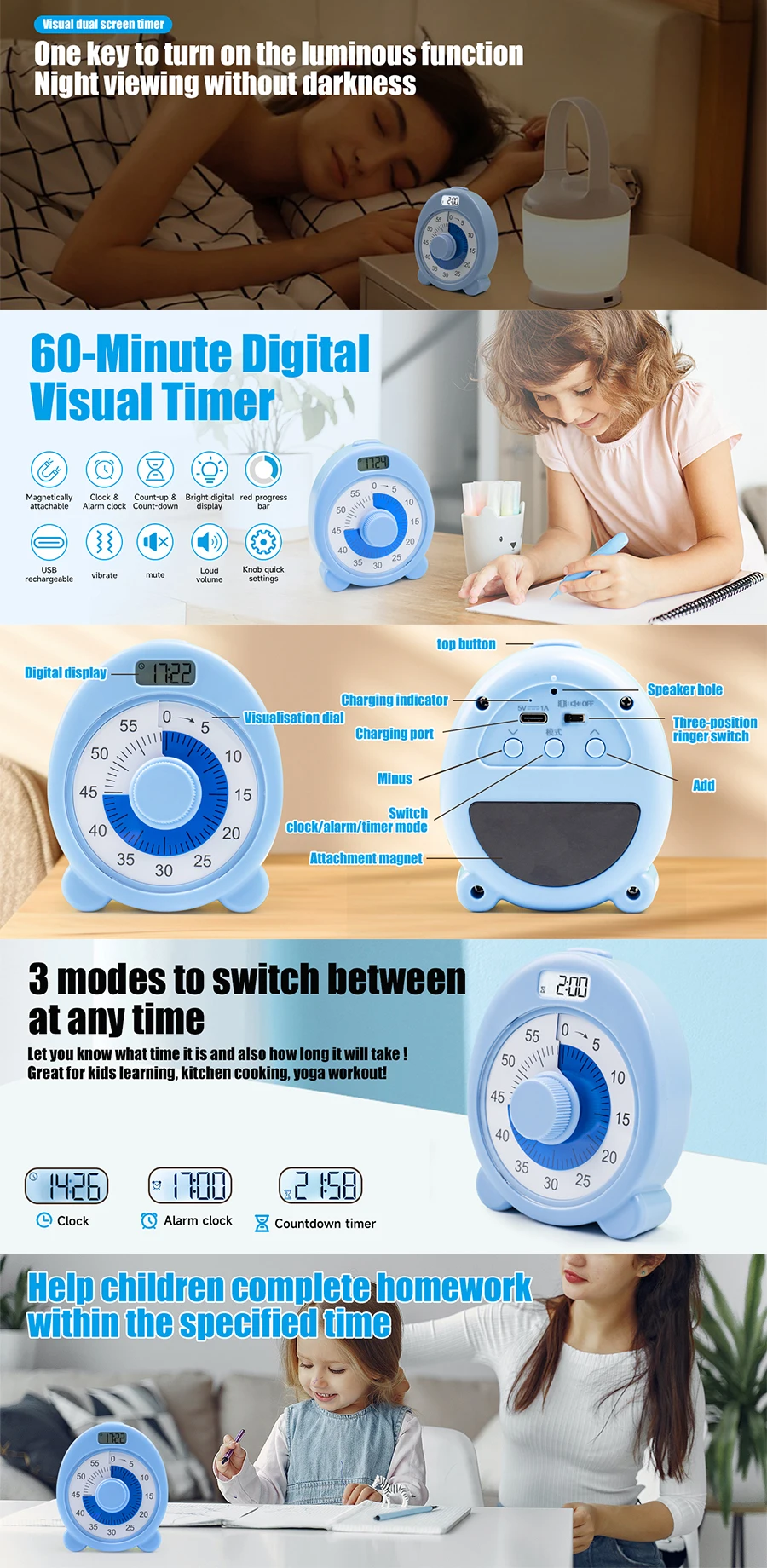 60-minute Visual Timer Rechargeable Mini Study Timer Kids Smart Desktop ...