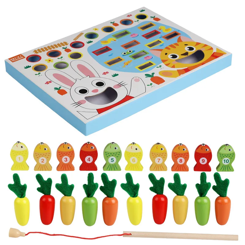 子供向け木製キャラクター釣りと大根引きゲーム お色分けカード付き モンテッソーリ教育玩具