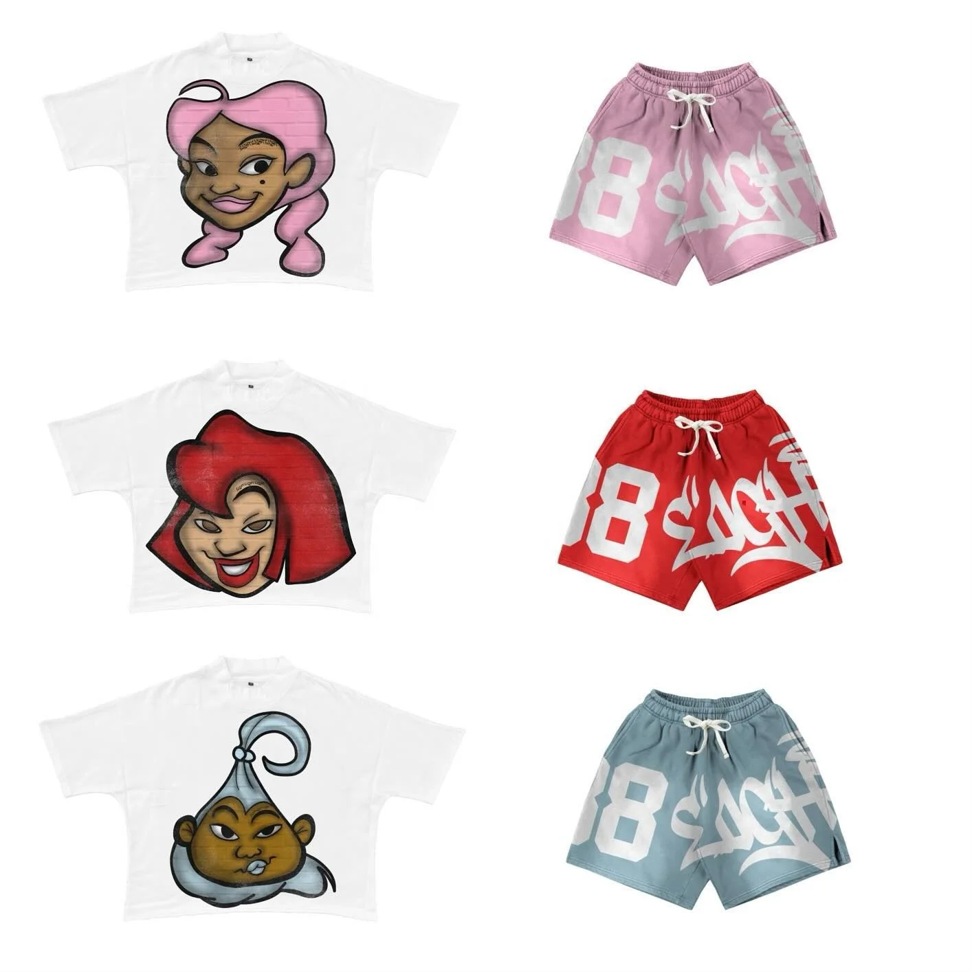 Custom Streetwear Summer Oversized Print Cotton Sports Shorts T-shirts 2 Pieces Set Jogging Suits Basketball Shorts Set for Men gallery 2
