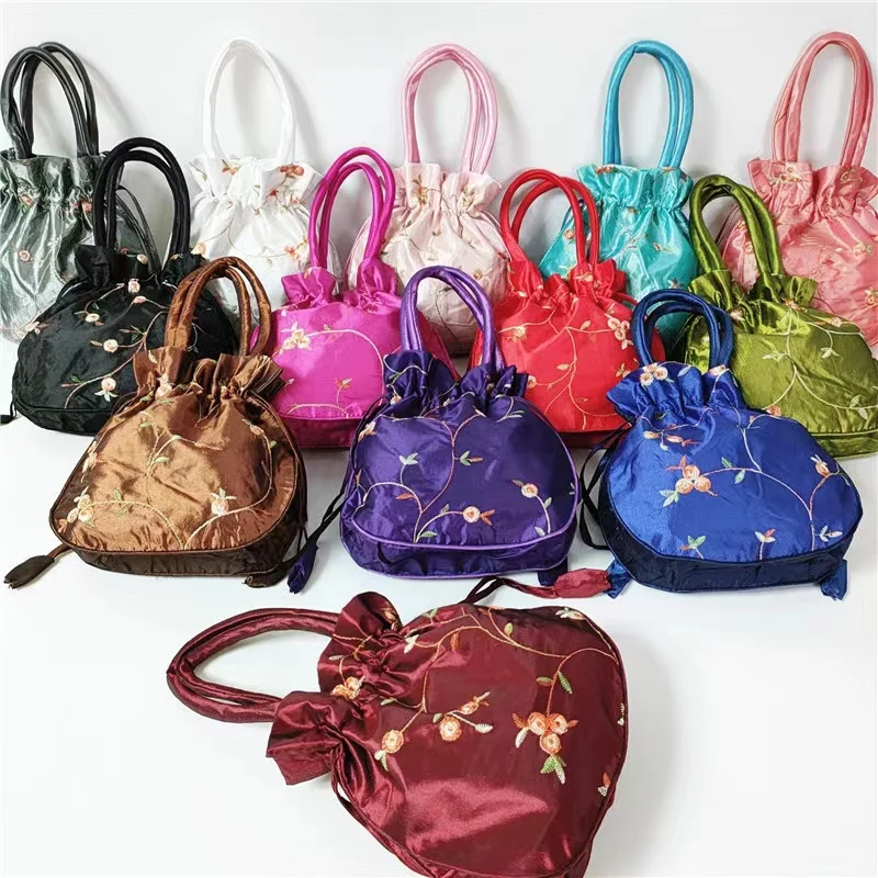 Women's Embroidered Floral Drawstring Pouch - Silk Brocade Bucket Bag, Vintage Hobo Style, 7.5x7.5 Inch