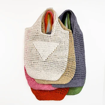 Designer Brands Triangle Mark Woven Hollow Letters Raffia Straw Bags Tote Summer Beach Purses