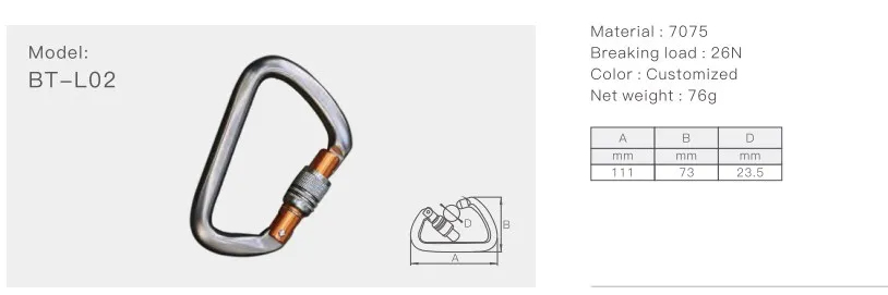 BT-L02 25KN Black 7075 Tension Carabiner Outdoor Snap Hooks Locking Carabiner Hook Custom Climbing Carabiner