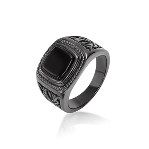 Keiyue Men's Trendy Black Onyx Gemstone Ring with Square CZ Stone Claw Setting Black Zinc Plated Brass REACH Certified Jewelry