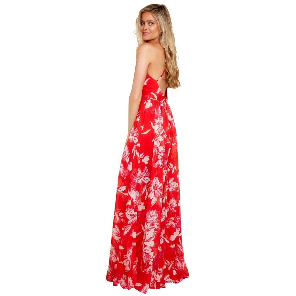 Print Floral Loose Boho Deep V Neck Backless Long Women Dress  Maxi Dresses  Sexy Back Cross Beach Summer Dress