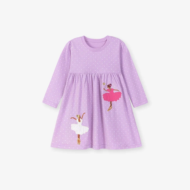 Children Girls Cotton Dress Long Sleeve O-neck Cartoon Fairy Appliques Autumn Outfit 2-7Y