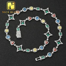 Wholesale Fashion Design Hip Hop Jewelry Cluster Colored Brass Cubic Zircon Tennis Chain Necklace