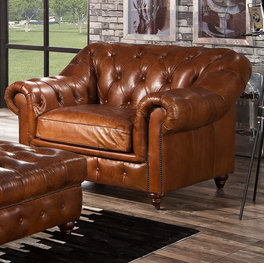 Antique Retro Brown Genuine Leather Chesterfield Sofa Set For Living
