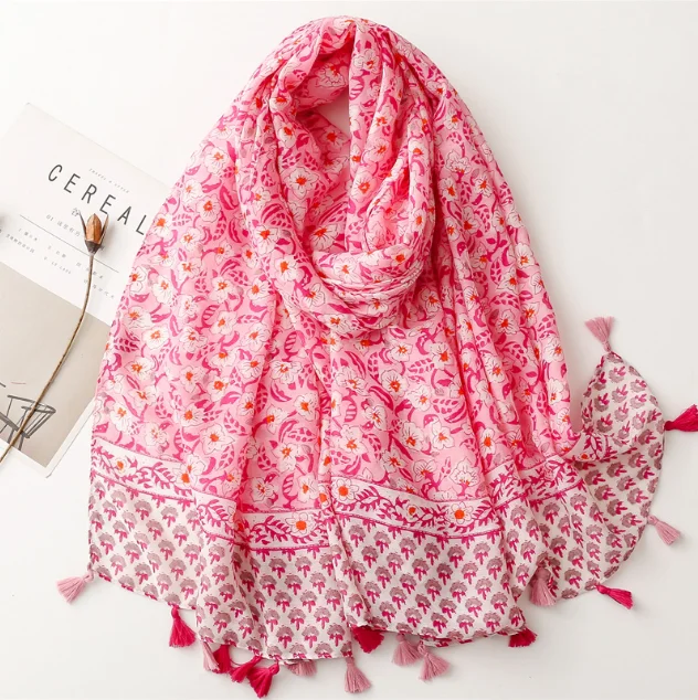 Soft Tassel Scarf Shawl Spring Flower Satin Cotton