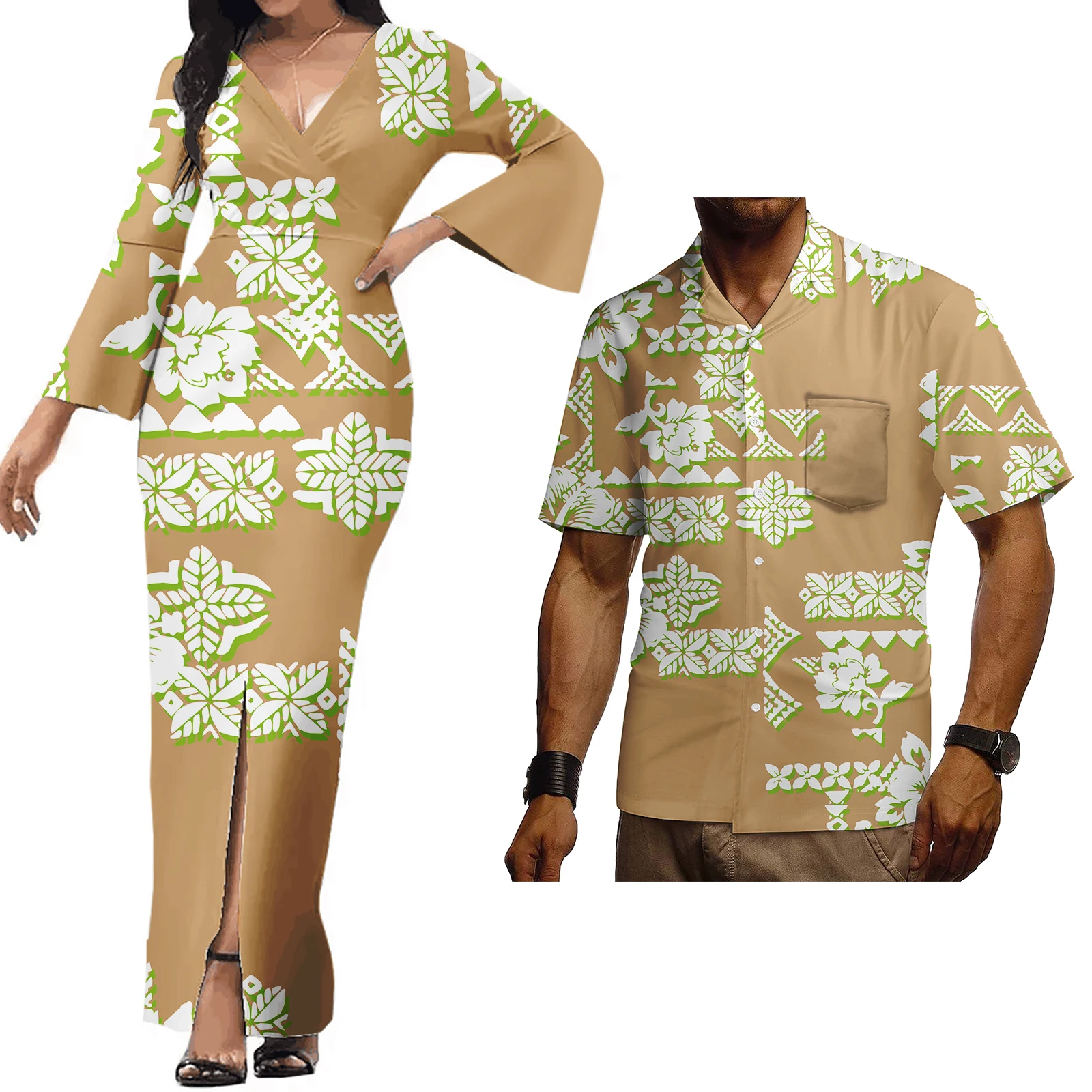 Wholesale Custom Polynesian Tribal Hort Leeve Bodycon Dress Casual Couple et Hawaiian Clothes Couple Matching Outfits Formal Hirt Whole Hibiscus Tapa