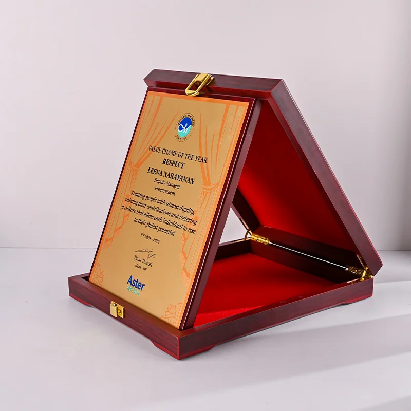 product luxury business customized wooden plaque trophy and awards authorization plate  with protect wooden box-7