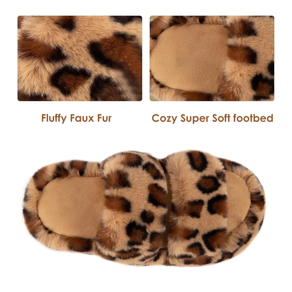 Women's Comfy Open Toe Two Band Slides with Short Plush Lining Indoor Fluffy Leopard Fashion Fur Slippers