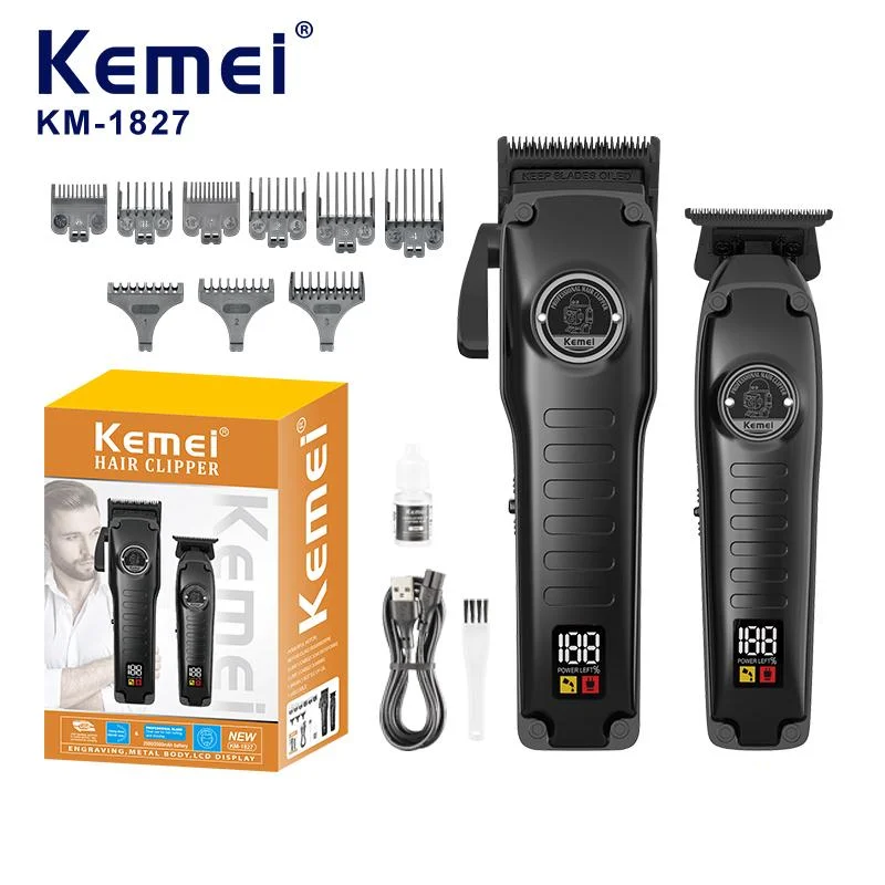 Kemei KM-1827 المهنية اللاسلكي USB قابلة للشحن صالون مشابك الشعر مجموعة LCD شاشة ديجيتال لفائف المحرك قادين الشعر