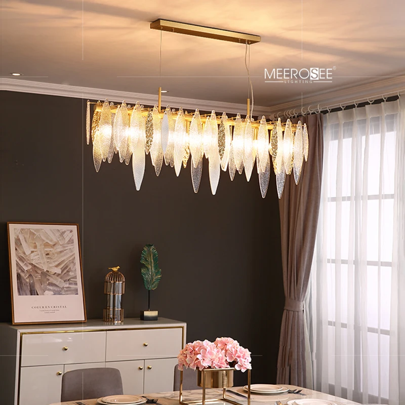 Meerosee Frosted Transparent Glass/ Gold Embossed Leaves Chandelier Coppery Lamp Body Decorative Lighting MD86819