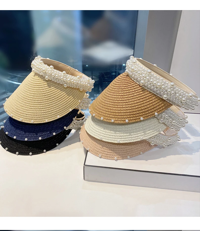 Custom Fashion Pearl Straw Hat Women's Summer Travel Vacation Empty Top Cap Sunscreen Sunshade Sun Visor Hat