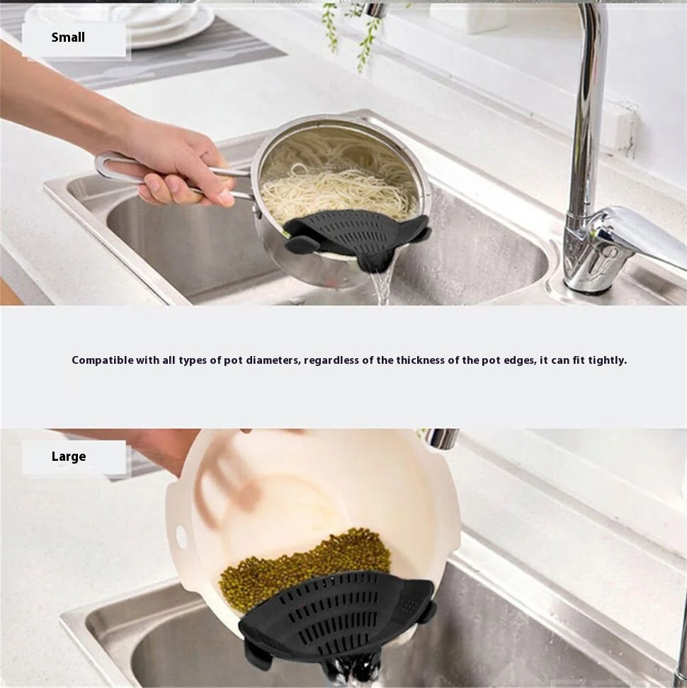 Creative New Style Kitchen Tools Waterproof Silicone Pot Edge Drainer Vegetable Noodle Water Filter Pouring Colander Strainer manufacture