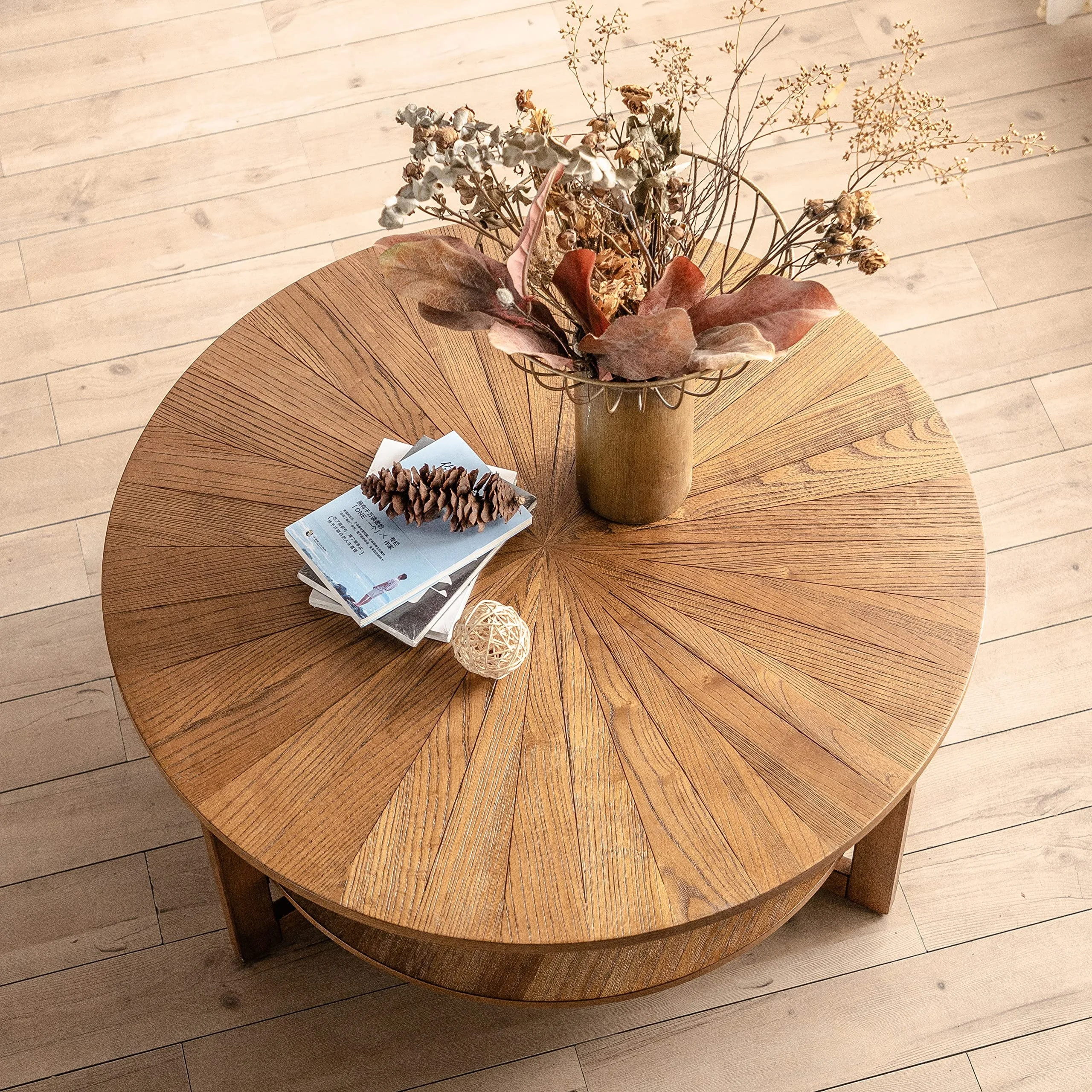 Runde Holz-couchtische Großer Farmhaus-teetisch Für Wohnzimmer 2-stufiger Rustikaler Couchtisch Mit Stauraum