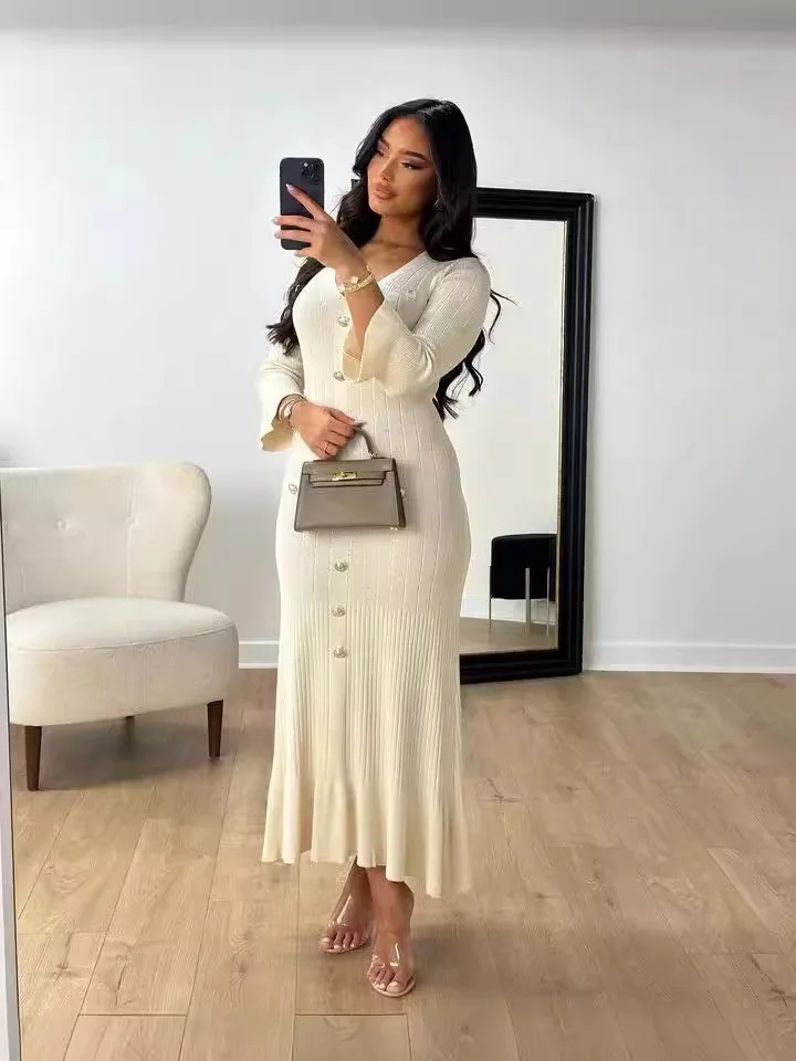 Button Lapel Slim Fit Knitted Women's Long Sleeve Turn-down Collar Sweater  Dress Button Rib Slim Ribeed Elegant Maxi Dress 2854| Alibaba.com