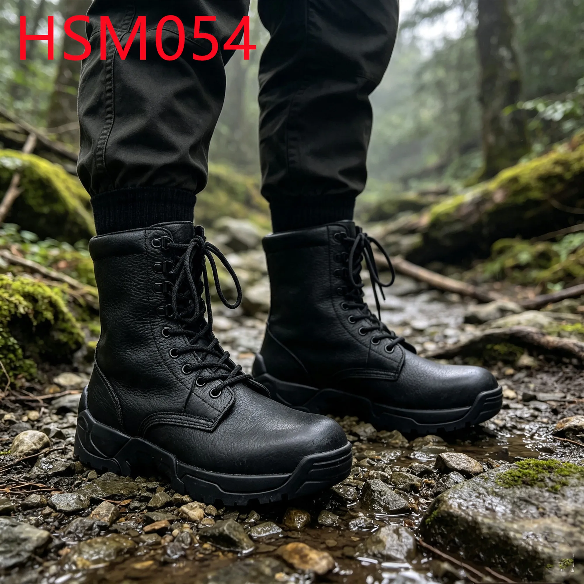 HY,Steppe Exploration Full Embossed Leather Hua Singh Combat Boots Georgia Anti-Shock PU+rubber Sole Tactical Gear Boots HSM054