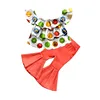 Color Umbrella Print Off Shoulder Top & Orange Flare Pants Set