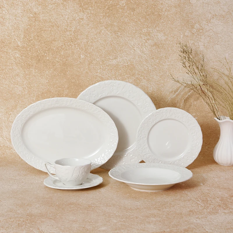 Modern Eco-Friendly Customized White Porcelain Tableware Classic Embossed Ceramic Coffee Cup Dinnerware Sets for Home Hotel