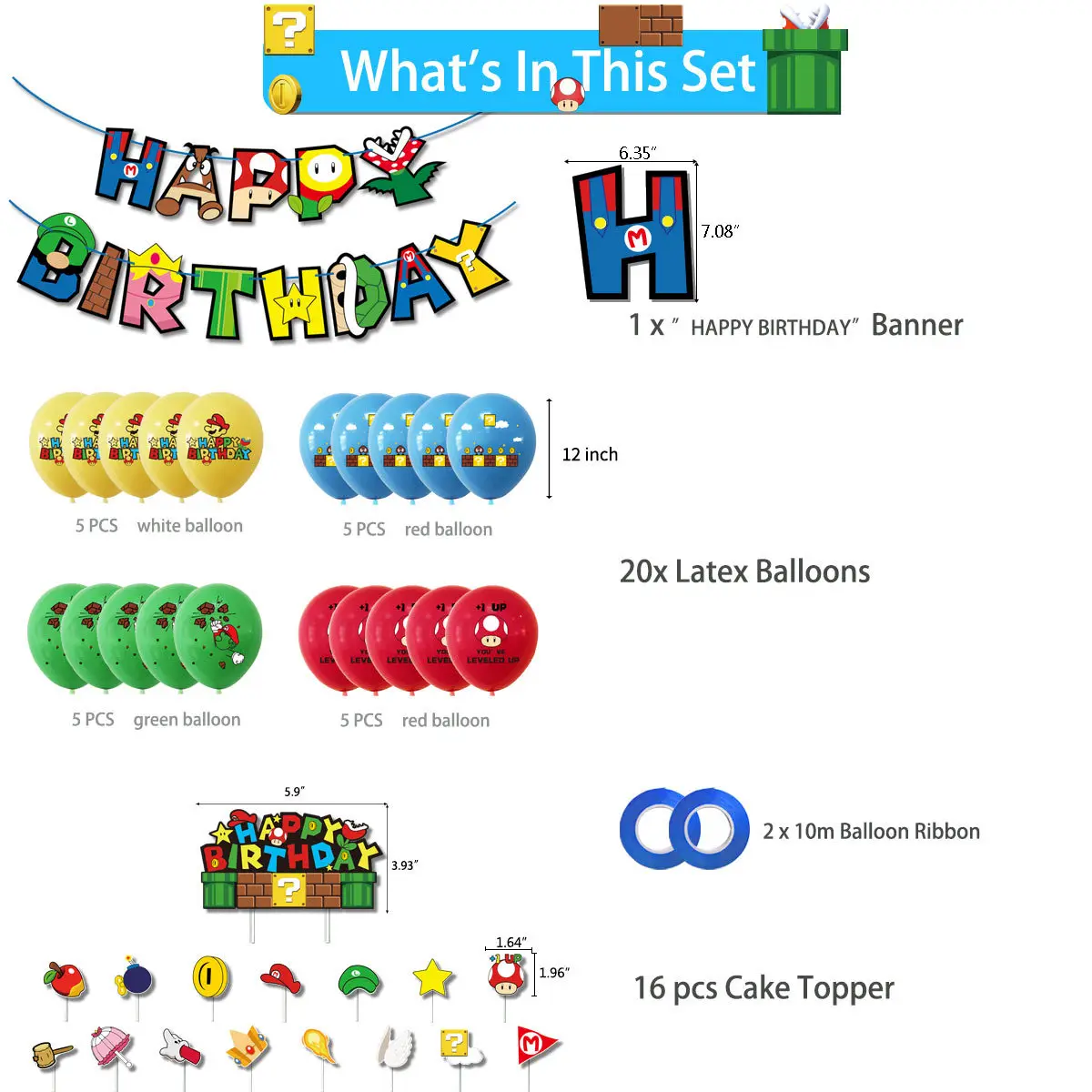 Super Mario Theme Bambini Festa di compleanno Decor Forniture Kit Latex  Palloncino Banner Cake Toppers Set