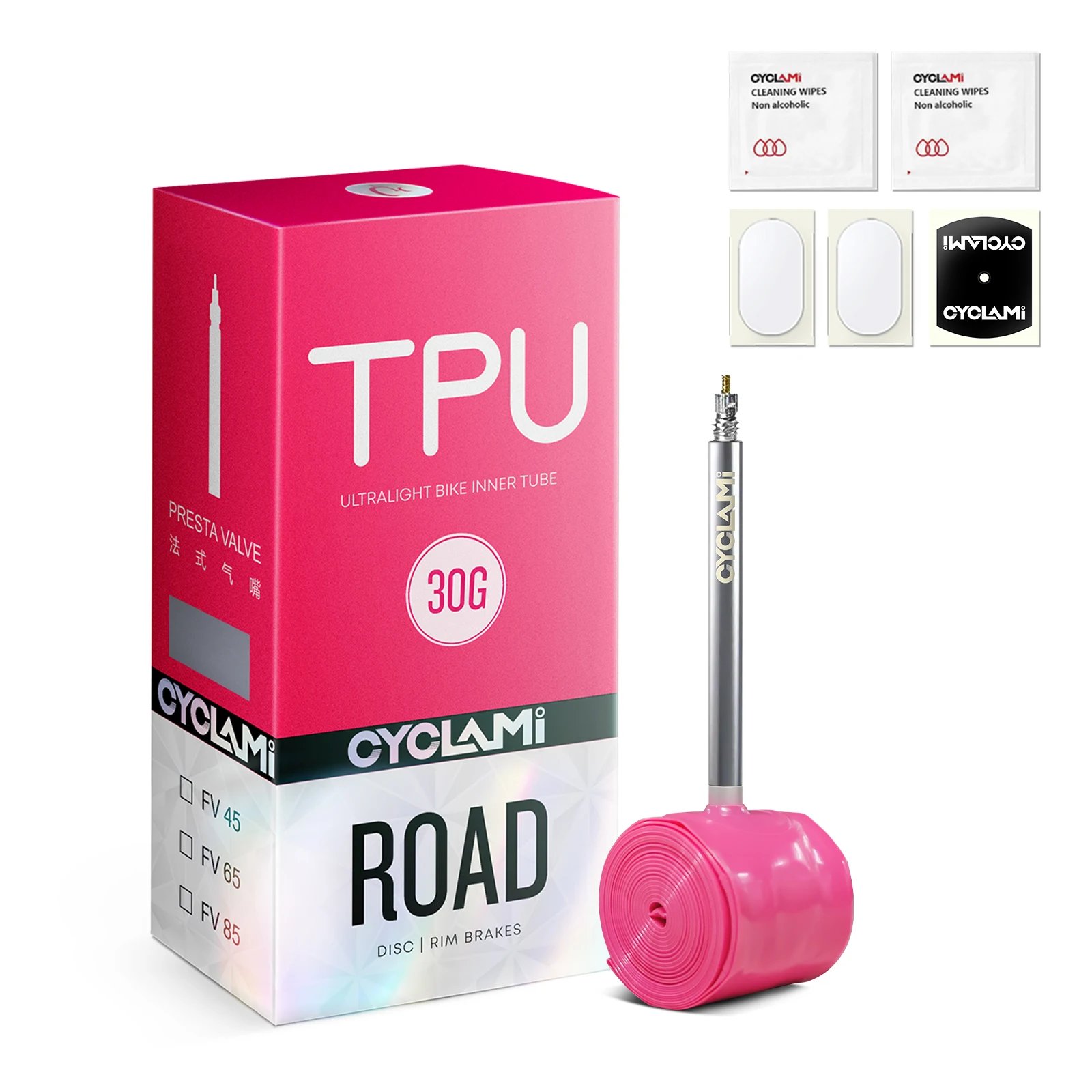 CYCLAMI 30g 700C Road Bicycle Tube 45mm 65mm 85mm Aluminium Alloy FV Valve  with Tire Patches 30g Inner Tube for Road Bike