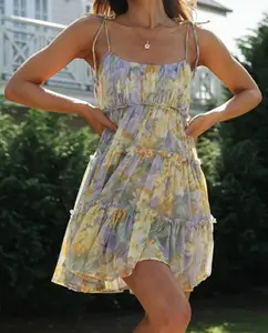 Women's Summer Boho Flowy Mini Dress Floral Print Skater Style Ruffle Spaghetti Strap Short Sleeveless Washable Casual Natural