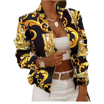 Vintage Print Women Thin Jackets Tops 2021 Long Sleeve Zipper bomber Jacket Coat ladies Casual Outerwear Short Jackets slim