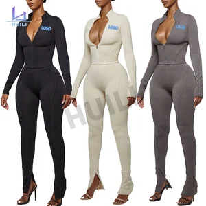 Huili Custom High Quality Two Piece Zip up Crop Top and Leggings Joggers Pants Skinny Tracksuit Gym 2 Sets Outfits for Women