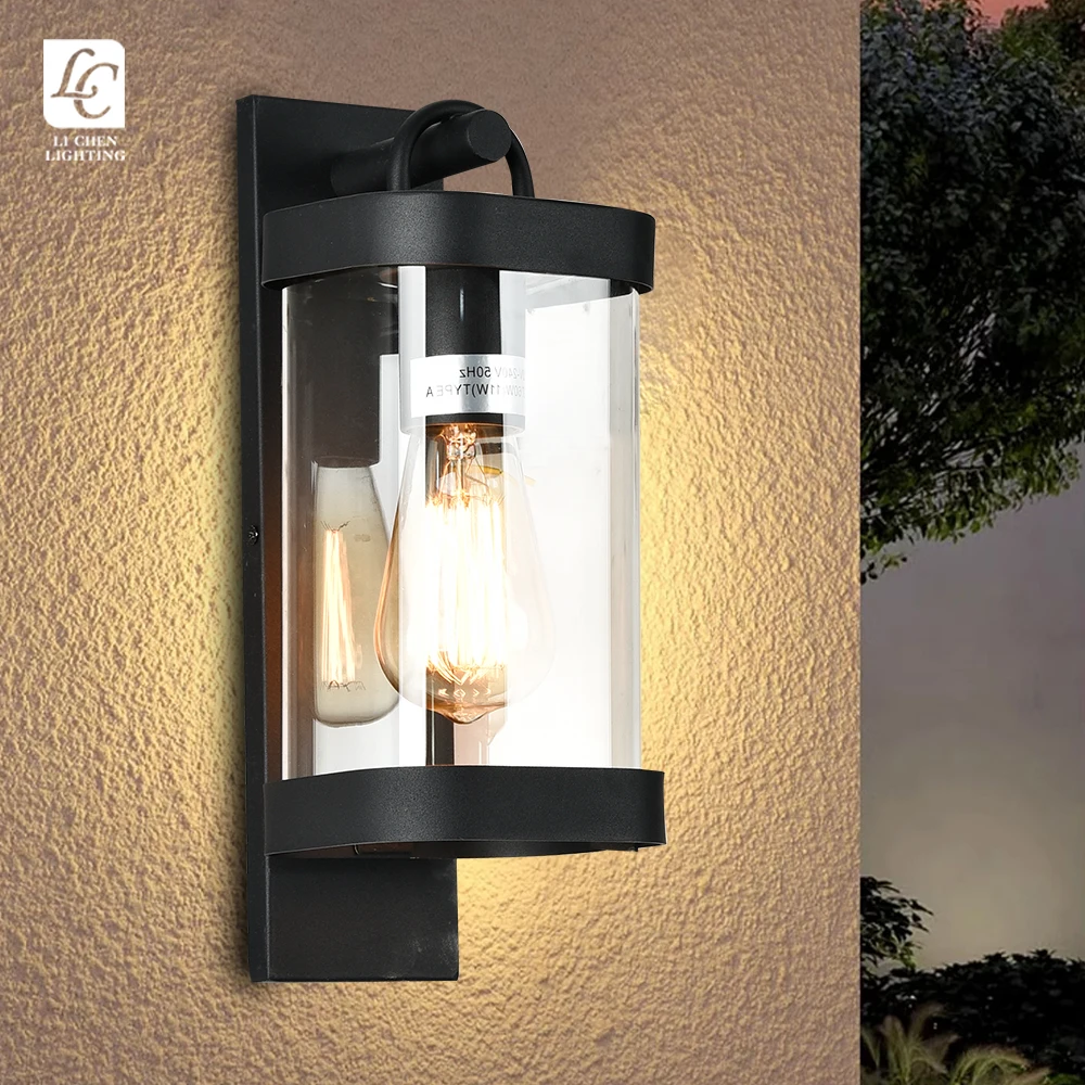 BD42 Outdoor Wall Lantern Black clear Glass Garden E27 Wall Light Interior Exterior Outdoor Fixture Garden Led Wall Lamp