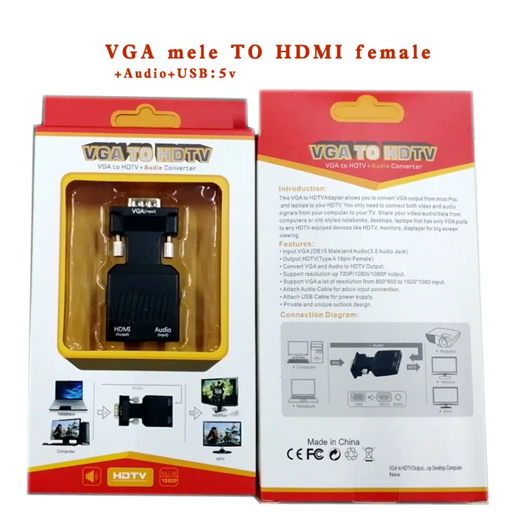 VGA to HDMI Converter Plug Adapter Male to Female Lead with Audio Output Cable Micro Power Port 1080P Signal Output for Computer