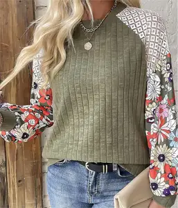Autumn New Pullover Round Neck Women's Casual Versatile Printed Thread Long Sleeve Knitted Top