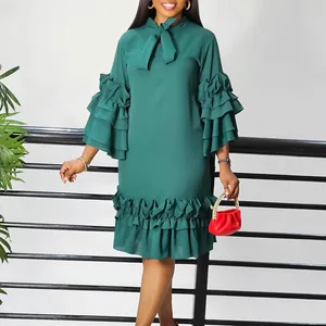 Spring Summer Women's Clothing Ladies Fashionable Casual Style Ruffled Bell Sleeve Plus Size Foreign Trade Women Casual Dress