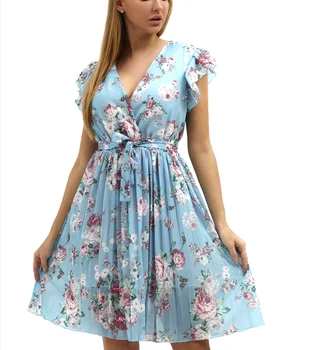 Summer Flounces Short Sleeves V-neck Digital Print Dress Sexy Office Women Dress