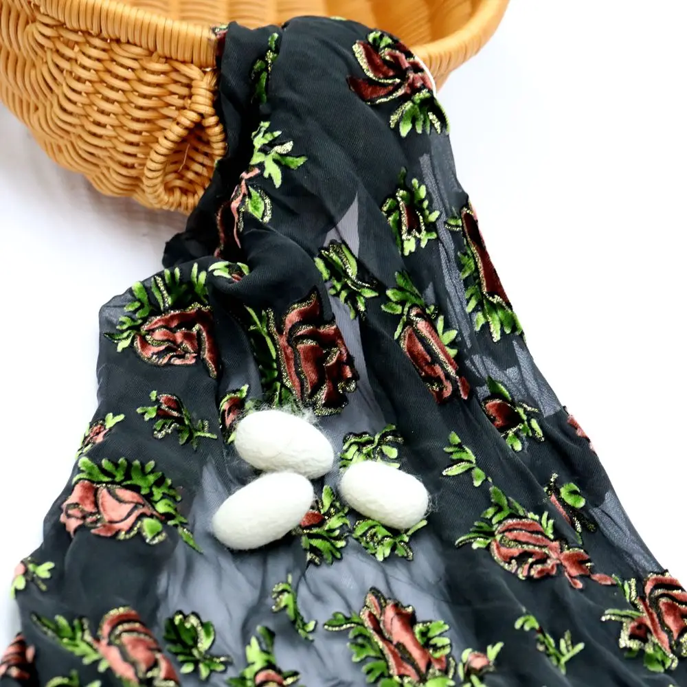 100 Pure Silk Jacquard Silk Floral Fabric Lightweight Tulle Pure Dark