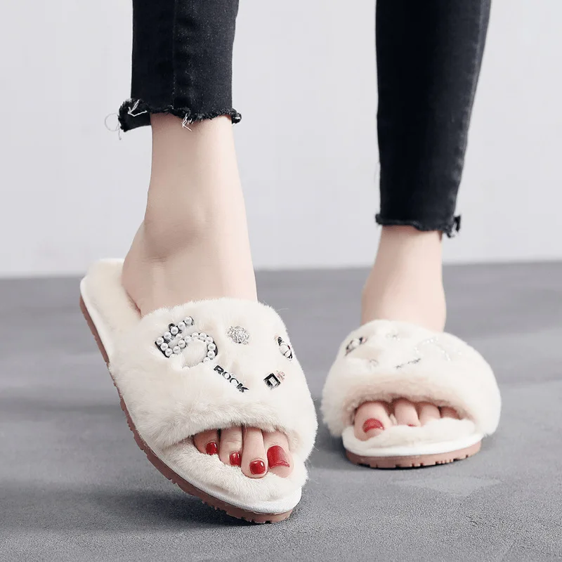 Slippers For Women Pearl Letter Decor Fluffy Furry Slides Faux fur