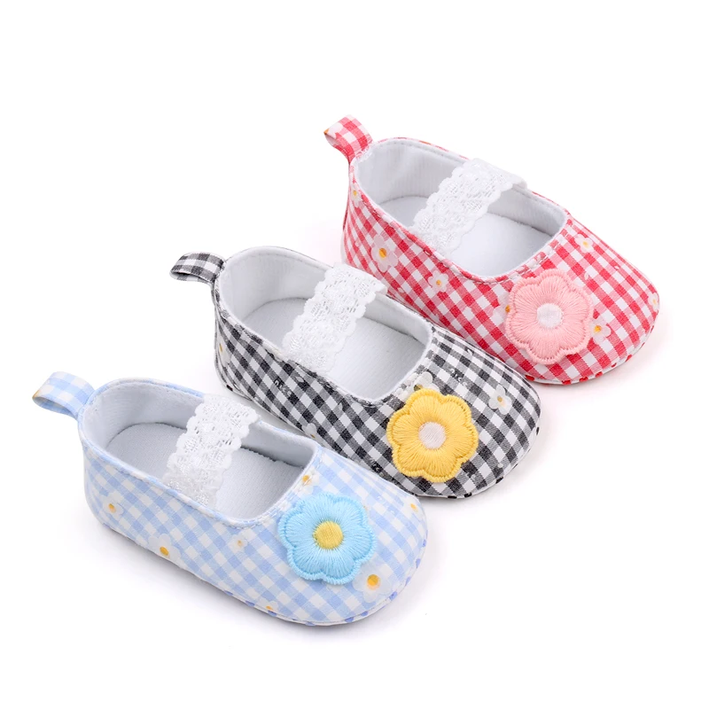 Fresh Plaid Solid Cute Little Flower Lace Elastic Baby Girls Princess Soft Soled Toddler Shoes