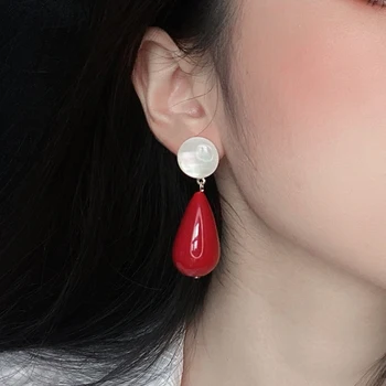 Vintage Hong Kong Style Dangle Earring Temperament White Opal With Burgundy Waterdrop Pendant Earrings For Women Trend Jewelry