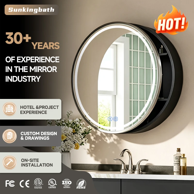 Circular Bathroom Mirror Cabinet Wall Mount Led Round Medicine Cabinet Framed Medicine Cabinet with Slow Closing