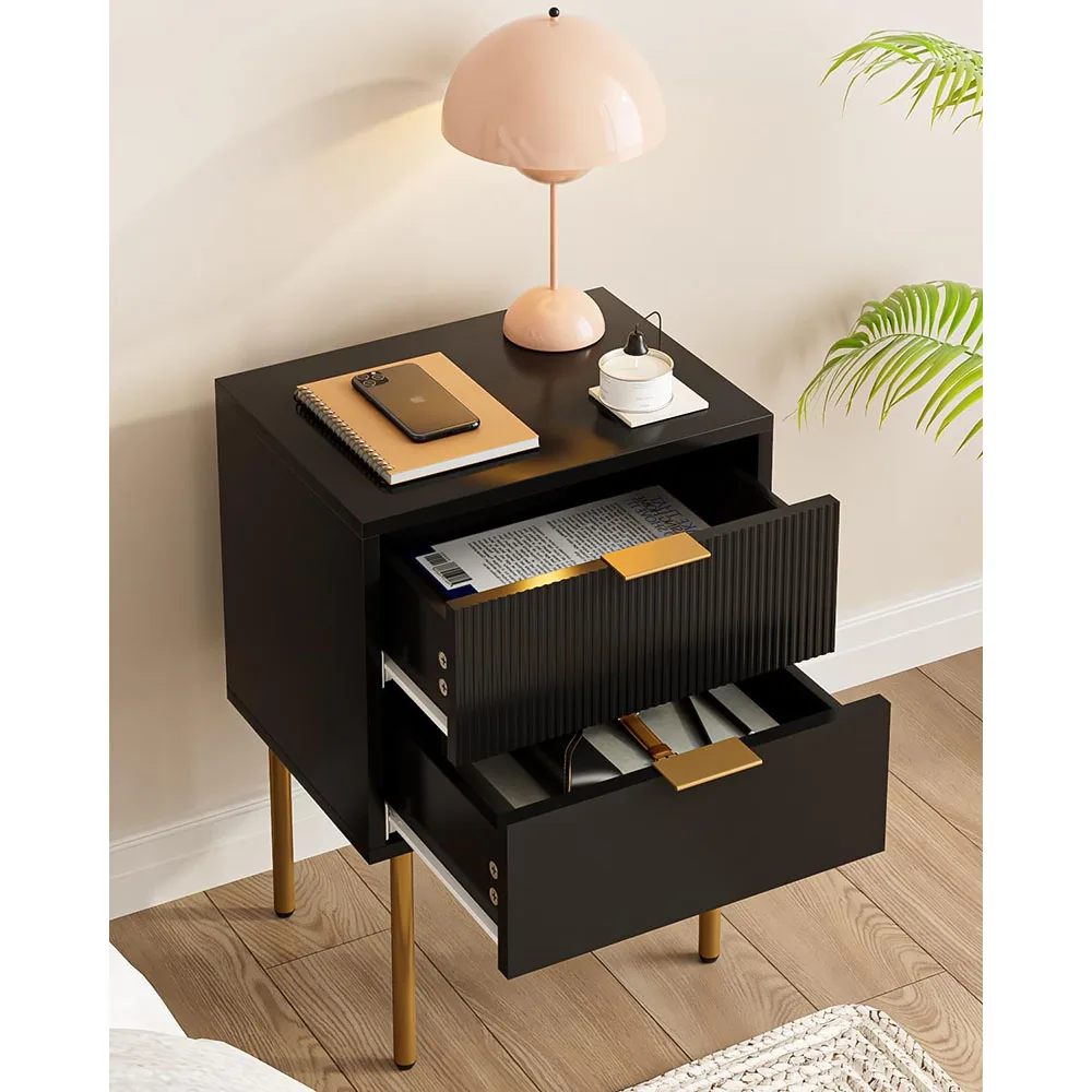Modern Nightstand with Gold Frame 2 Drawers Small Bedside Table for Bedroom Living Room Dining Wooden Side Table for Home Use supplier