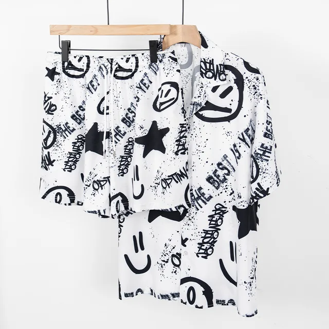 Summer Trendy Brand Full Print Graffiti Style Casual Sports Set Loose Shirt Shorts Men's Two Piece Set