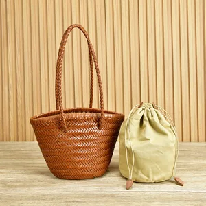 A-378 Genuine Leather Bucket Bag Woven Style Vintage Handmade Square Pattern Open Closure New Hot Selling Item for Beach Use