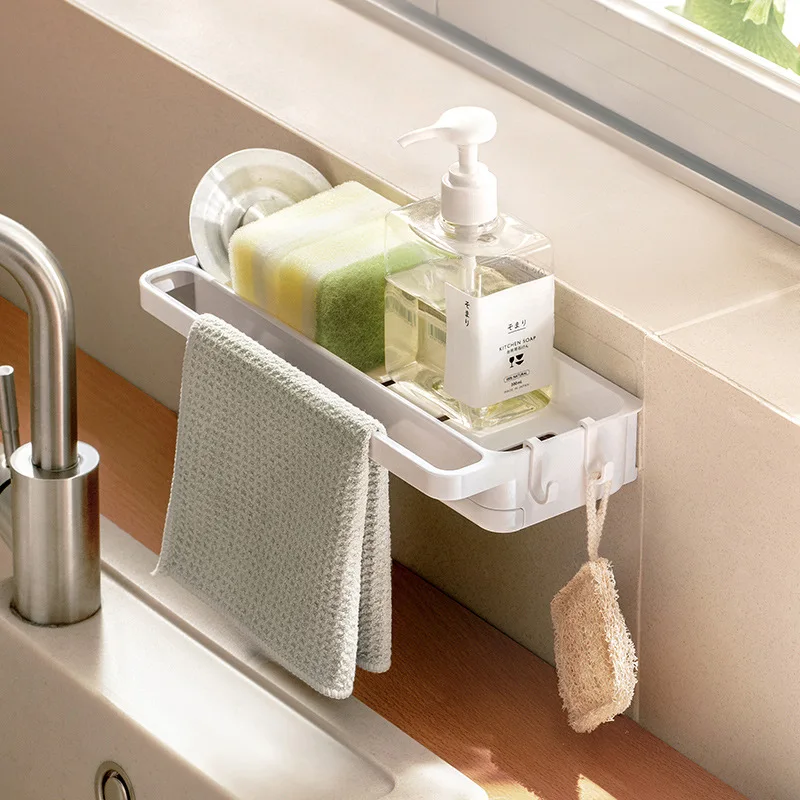 Corner dish towel drain rack Kitchen sink faucet wall hanging shelf Household dish towel storage rack details