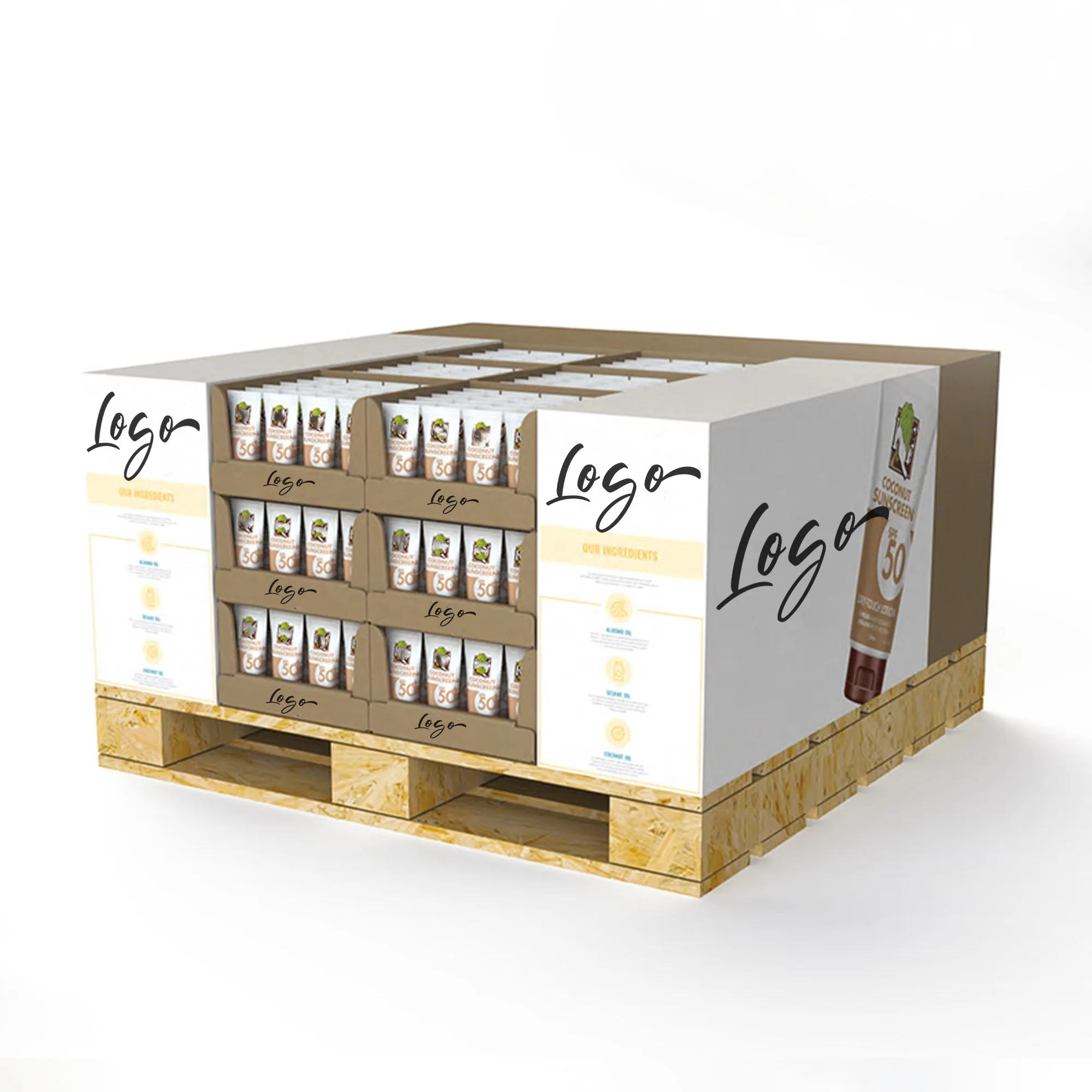 Custom 1 2 3 1/4 Sided Retail Pdq Pallet Cardboard Stand High Quality Drinks Quarter Corrugated Cardboard Pallet Display