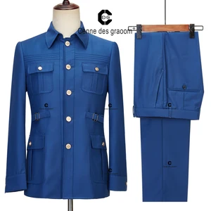 Cenne Des Graoom Safari Men Suits Gold Button Square Collar Tailor-Made Formal Casual Business Official Wear Costume Homme